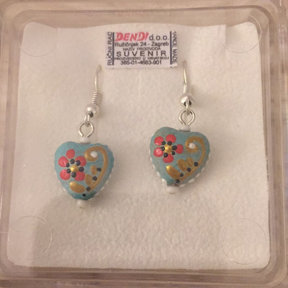 Hand painted Heart Blue Decorative Earrings